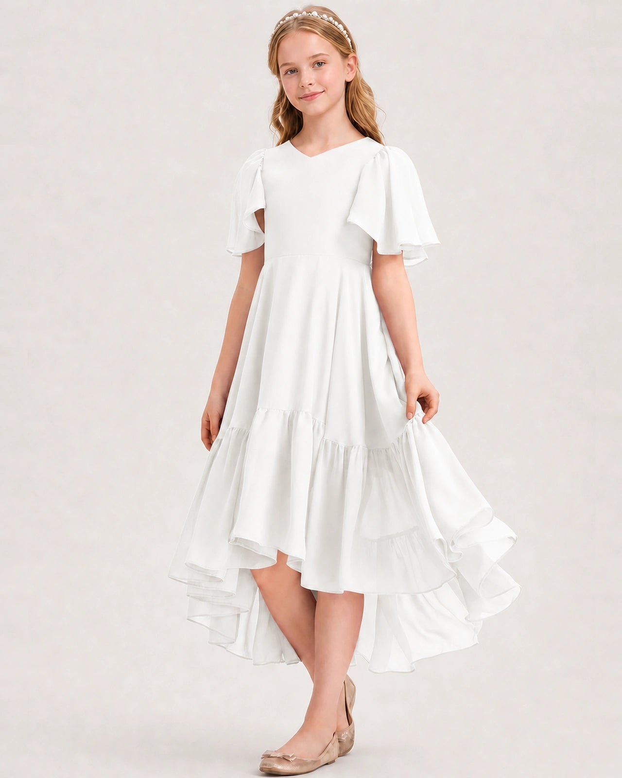 Ivory Junior Bridesmaid Dress Flutter Sleeve Chiffon High-Low Gown Front View