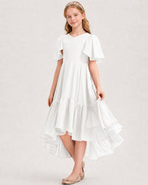 Ivory Junior Bridesmaid Dress Flutter Sleeve Chiffon High-Low Gown Front View