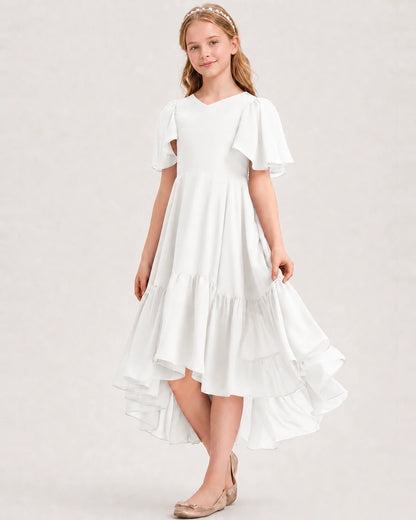 Ivory Junior Bridesmaid Dress Flutter Sleeve Chiffon High-Low Gown Front View