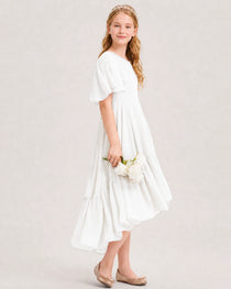 Ivory Junior Bridesmaid Dress Flutter Sleeve Chiffon High-Low Gown Side View