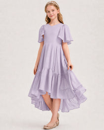 Lavender Junior Bridesmaid Dress Flutter Sleeve Chiffon High-Low Gown Front View