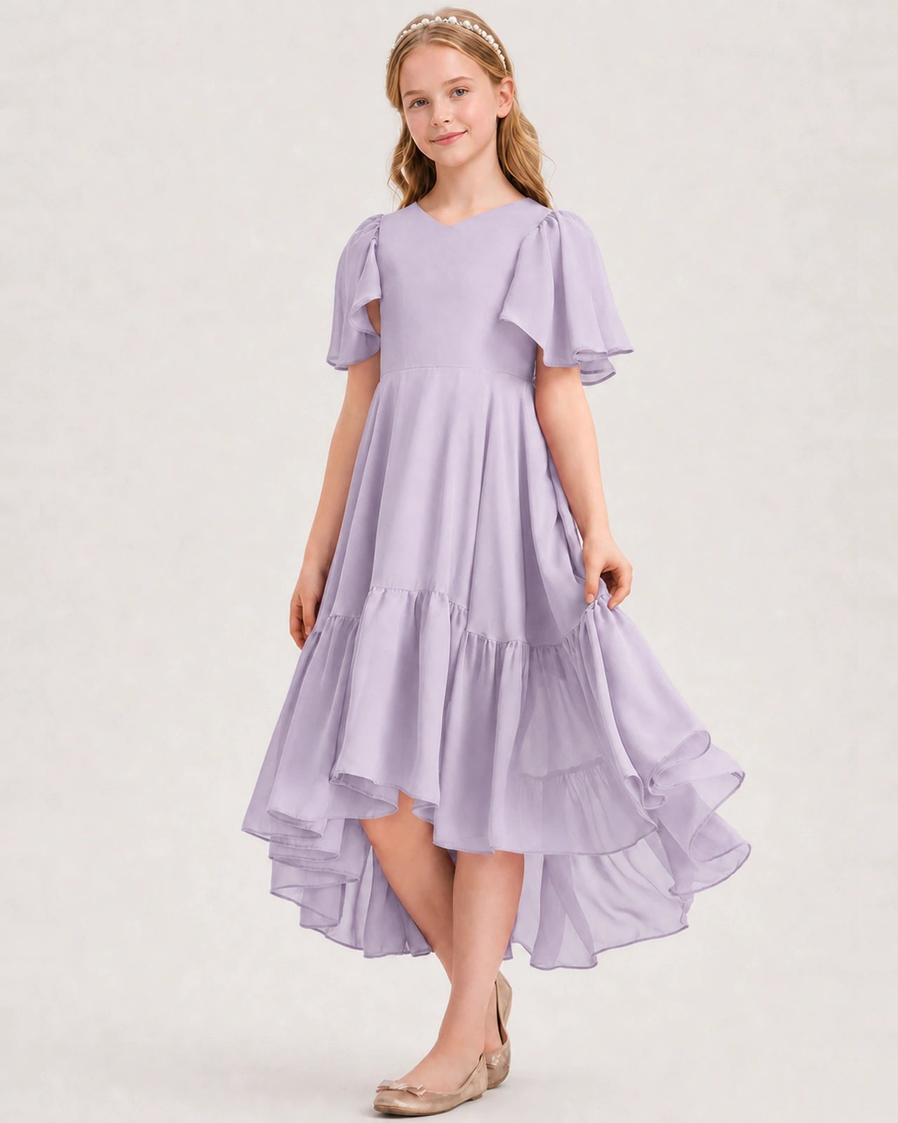 Lavender Junior Bridesmaid Dress Flutter Sleeve Chiffon High-Low Gown Front View