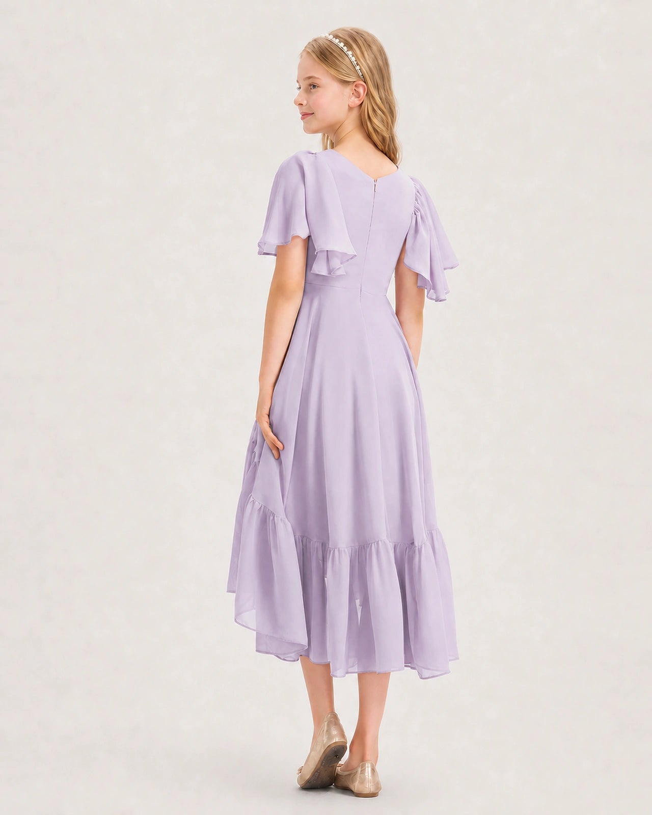 Lavender Junior Bridesmaid Dress Flutter Sleeve Chiffon High-Low Gown Back View