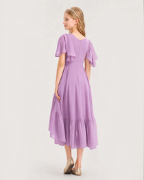 Lilac Junior Bridesmaid Dress Flutter Sleeve Chiffon High-Low Gown Back View