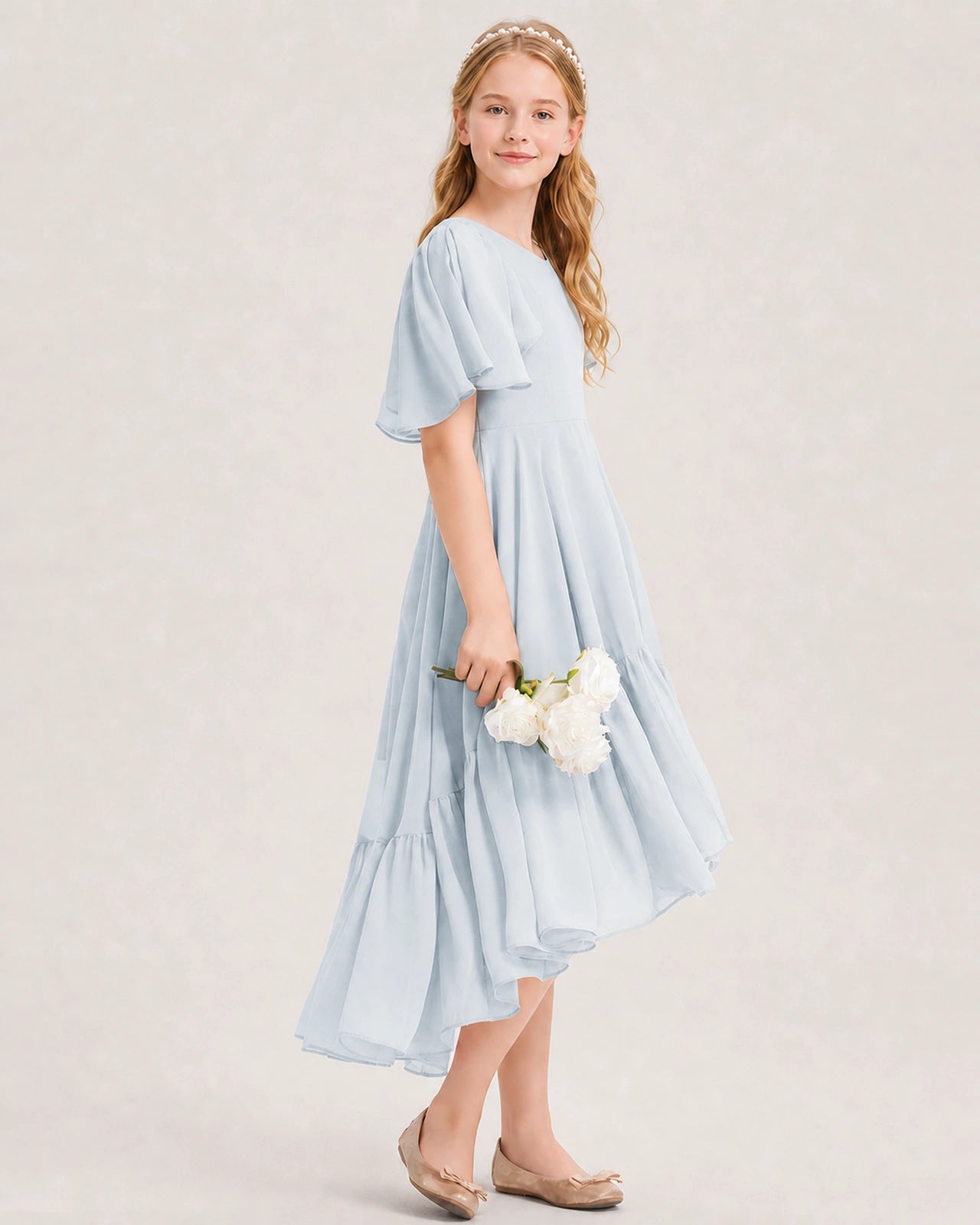 Mist Junior Bridesmaid Dress Flutter Sleeve Chiffon High-Low Gown Side View