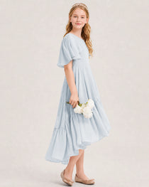 Mist Junior Bridesmaid Dress Flutter Sleeve Chiffon High-Low Gown Side View