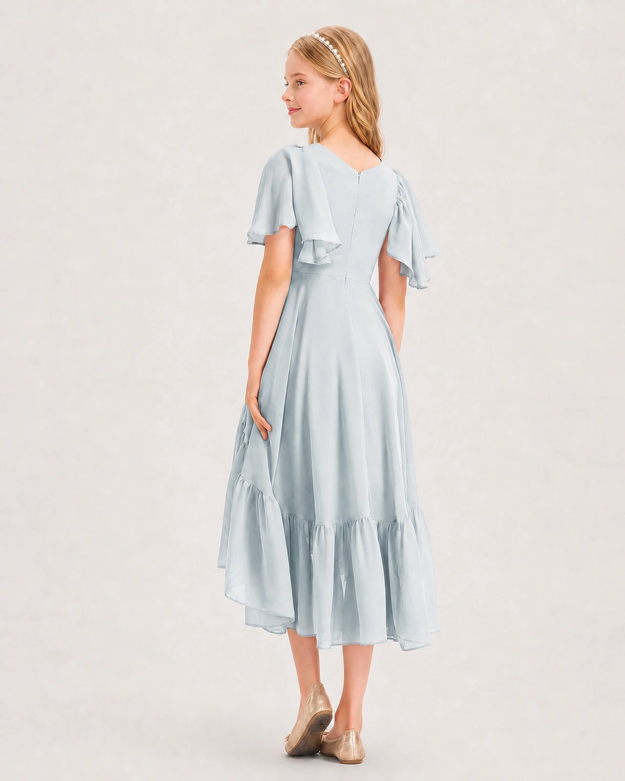 Mist Junior Bridesmaid Dress Flutter Sleeve Chiffon High-Low Gown Back View