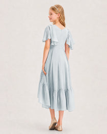 Mist Junior Bridesmaid Dress Flutter Sleeve Chiffon High-Low Gown Back View