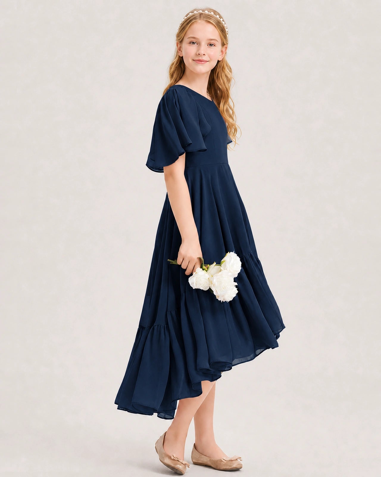 Navy Blue Junior Bridesmaid Dress Flutter Sleeve Chiffon High-Low Gown Side View