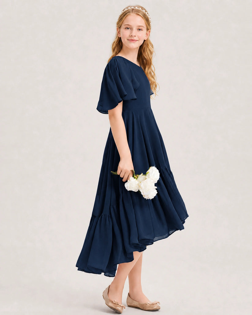Navy Blue Chiffon A-line Junior Bridesmaid Dress Side View