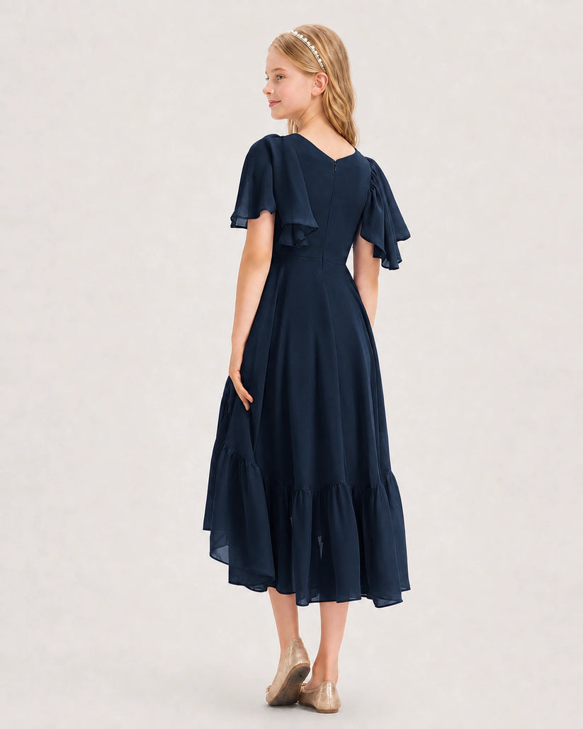 Navy Blue Chiffon A-line Junior Bridesmaid Dress Back View