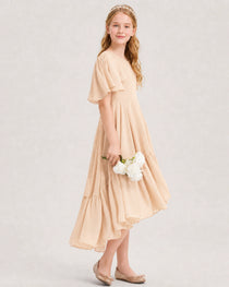 Peach Junior Bridesmaid Dress Flutter Sleeve Chiffon High-Low Gown Side View