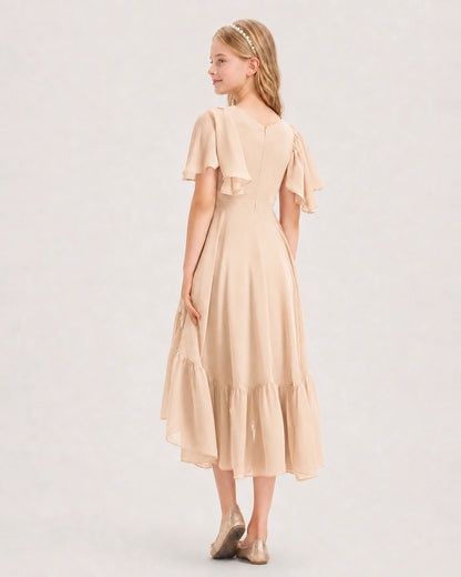 Peach Junior Bridesmaid Dress Flutter Sleeve Chiffon High-Low Gown Back View