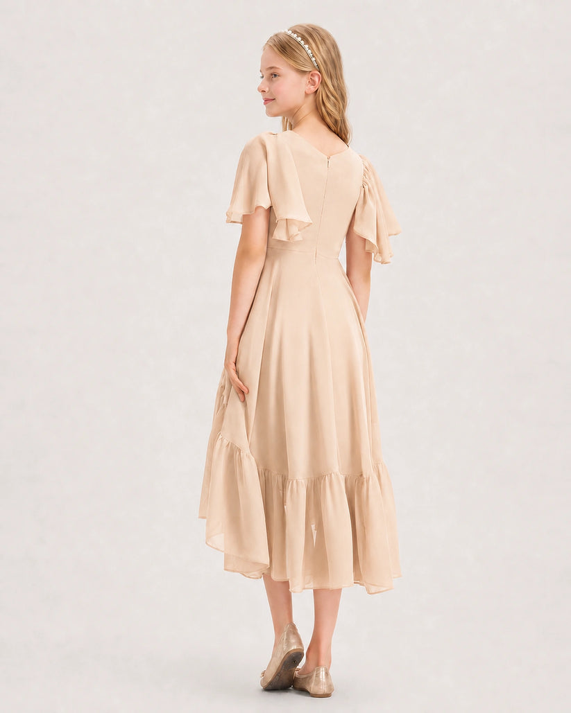 Peach Chiffon A-line Junior Bridesmaid Dress Back View