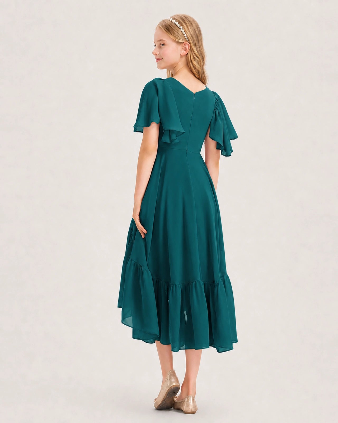 Peacock Junior Bridesmaid Dress Flutter Sleeve Chiffon High-Low Gown Back View