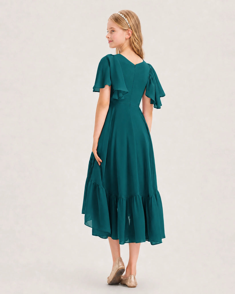 Peacock Chiffon A-line Junior Bridesmaid Dress Back View