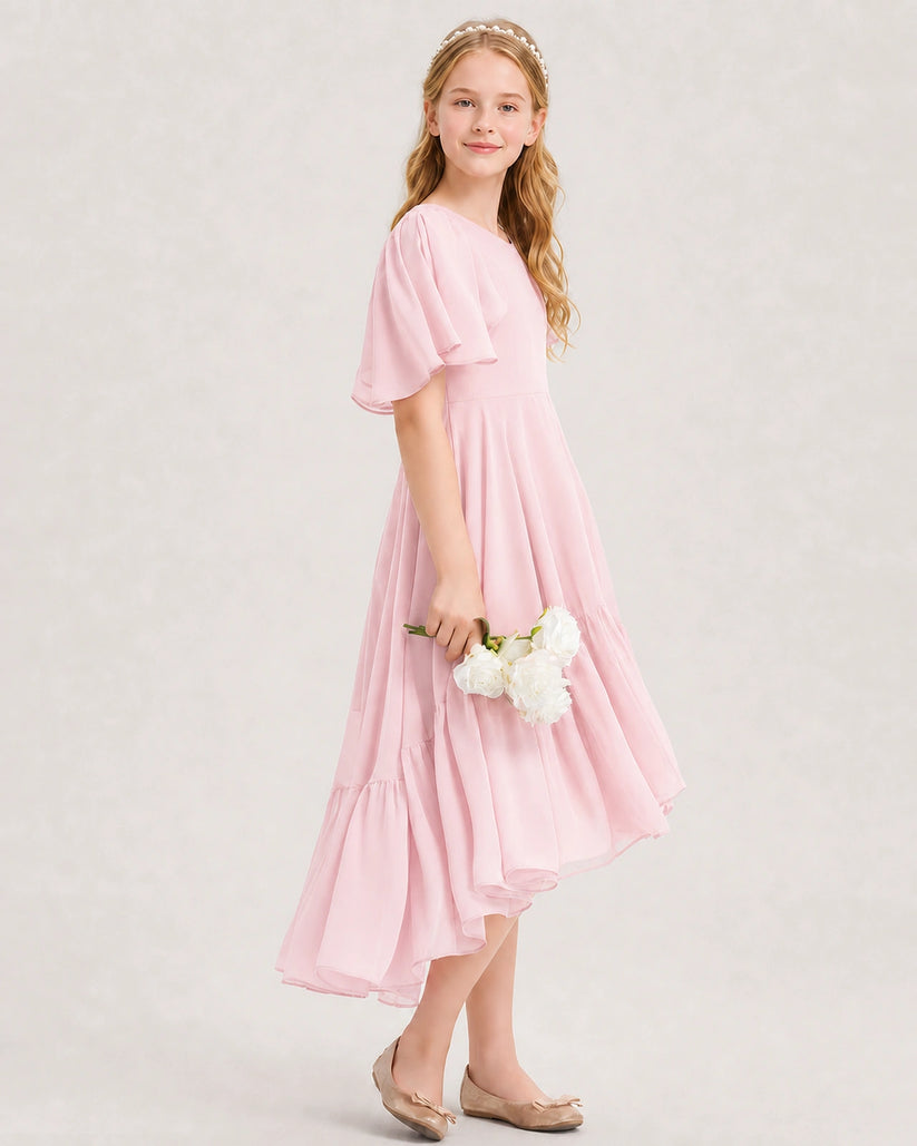 Pink Chiffon A-line Junior Bridesmaid Dress Side View