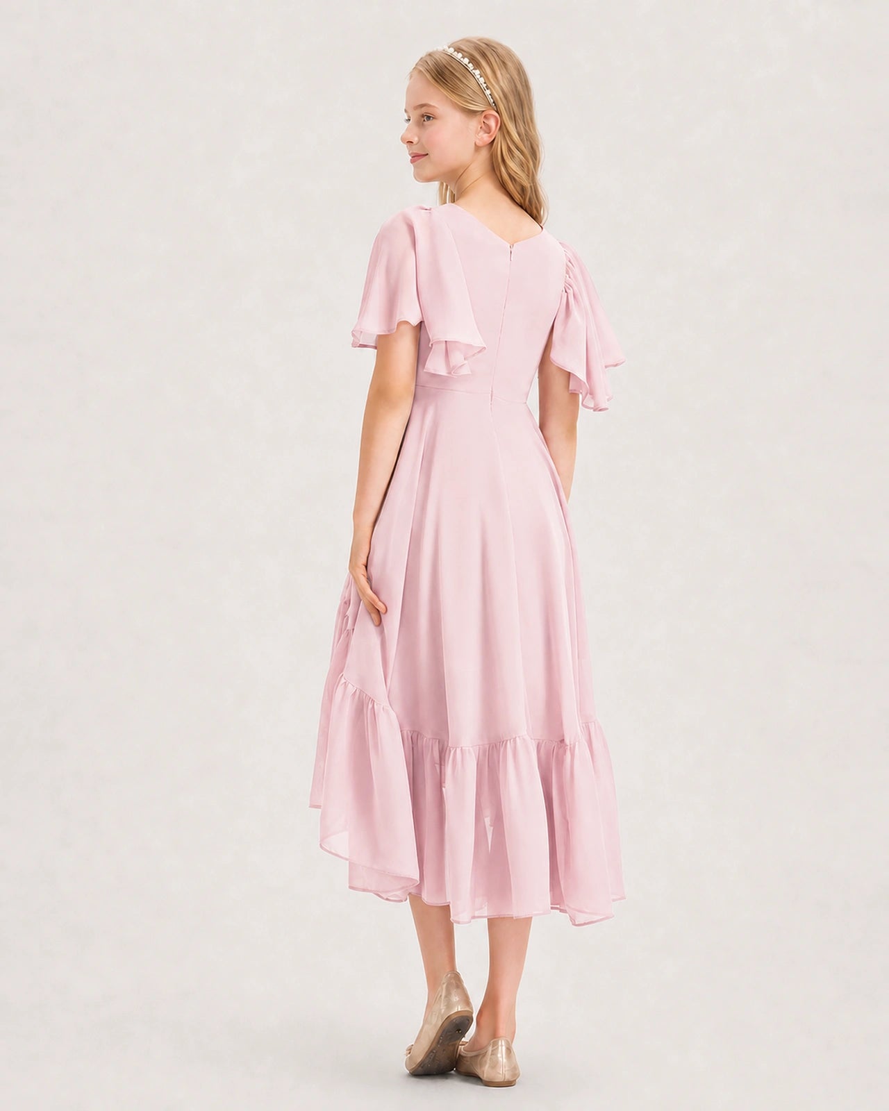 Pink Junior Bridesmaid Dress Flutter Sleeve Chiffon High-Low Gown Back View