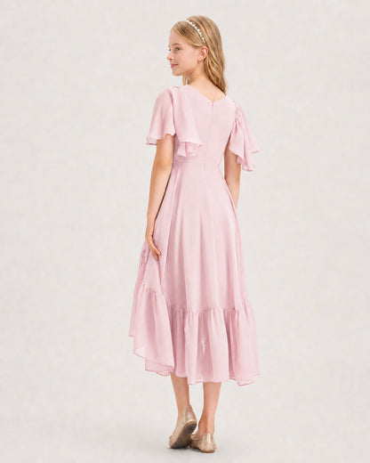 Pink Junior Bridesmaid Dress Flutter Sleeve Chiffon High-Low Gown Back View