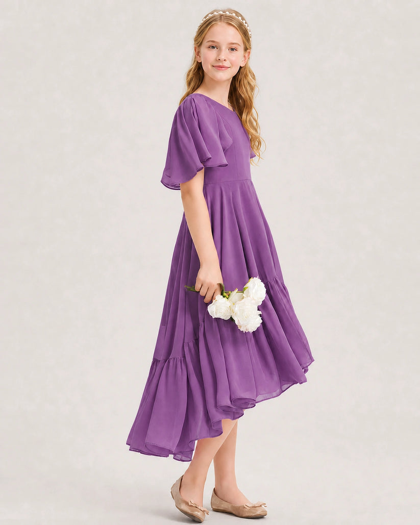 Purple Chiffon A-line Junior Bridesmaid Dress Side View