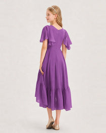 Purple Junior Bridesmaid Dress Flutter Sleeve Chiffon High-Low Gown Back View