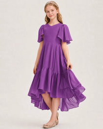 Purple Junior Bridesmaid Dress Flutter Sleeve Chiffon High-Low Gown Front View