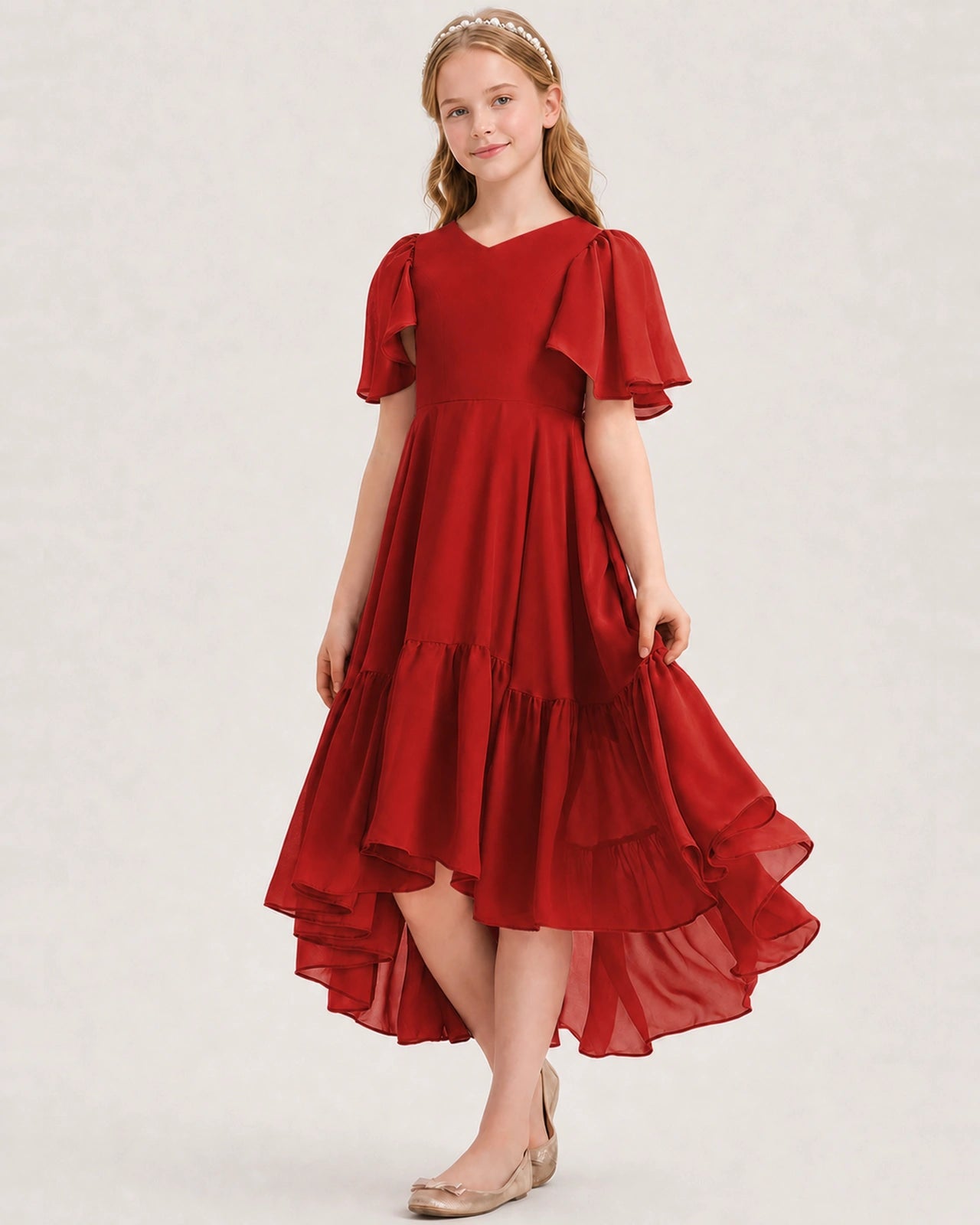 Red Junior Bridesmaid Dress Flutter Sleeve Chiffon High-Low Gown Front View