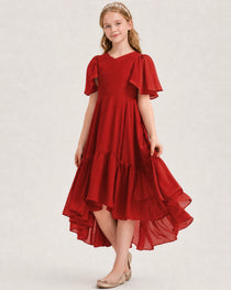 Red Junior Bridesmaid Dress Flutter Sleeve Chiffon High-Low Gown Front View