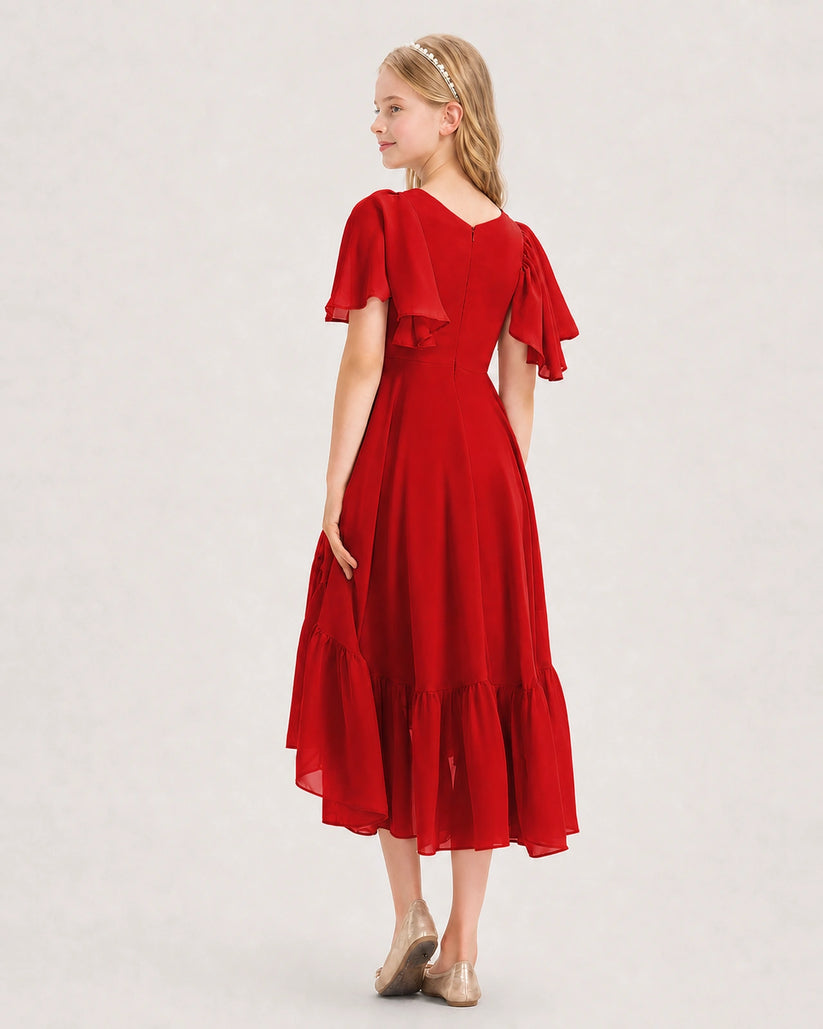Red Chiffon A-line Junior Bridesmaid Dress Back View