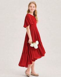 Red Junior Bridesmaid Dress Flutter Sleeve Chiffon High-Low Gown Side View