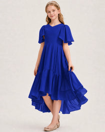 Royal Blue Junior Bridesmaid Dress Flutter Sleeve Chiffon High-Low Gown Front View
