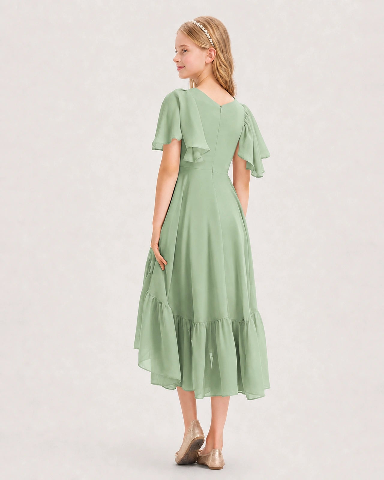 Sage Green Junior Bridesmaid Dress Flutter Sleeve Chiffon High-Low Gown Back View