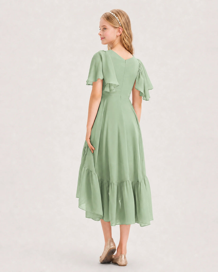 Sage Green Chiffon A-line Junior Bridesmaid Dress Back View