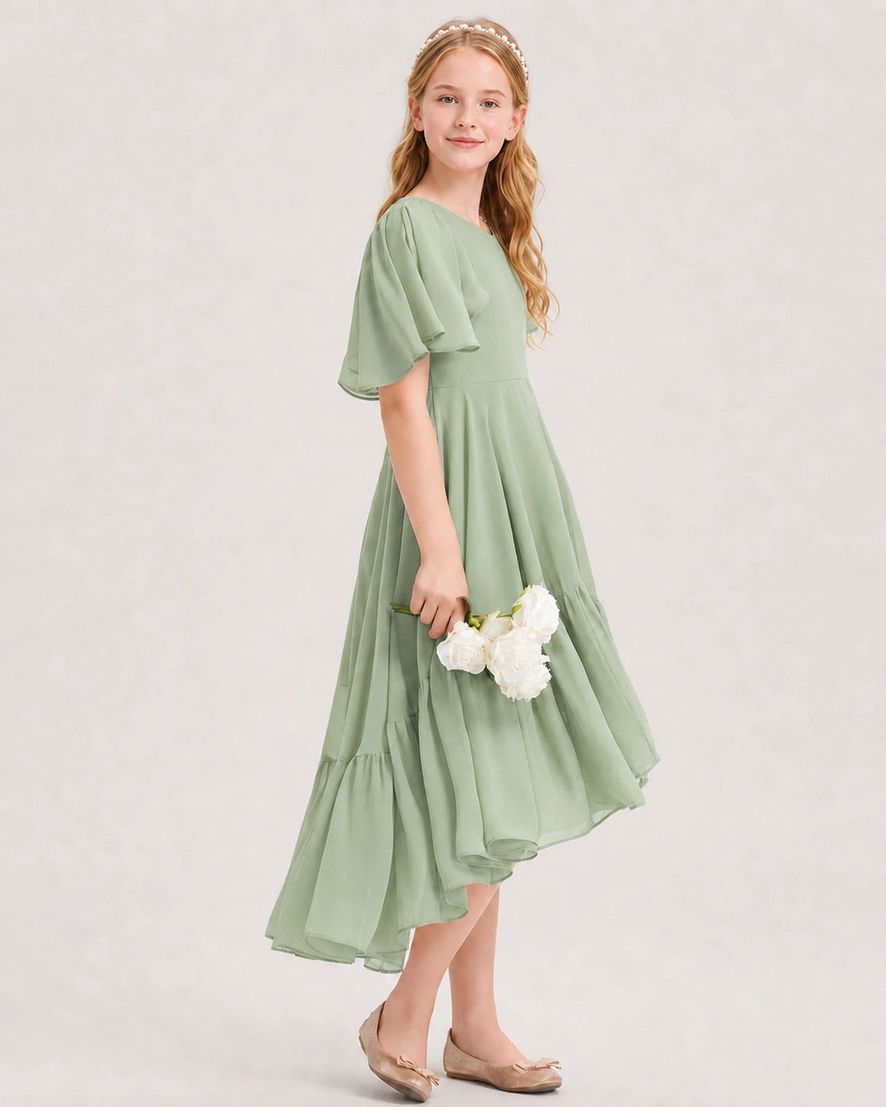 Sage Green Junior Bridesmaid Dress Flutter Sleeve Chiffon High-Low Gown Back View