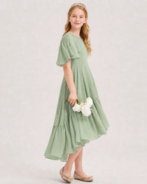 Sage Green Junior Bridesmaid Dress Flutter Sleeve Chiffon High-Low Gown Back View