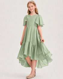 Sage Green Junior Bridesmaid Dress Flutter Sleeve Chiffon High-Low Gown Front View