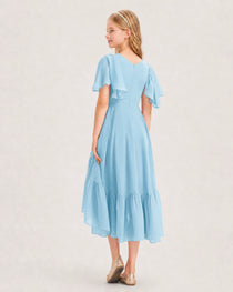 Sky Blue Junior Bridesmaid Dress Flutter Sleeve Chiffon High-Low Gown Back View