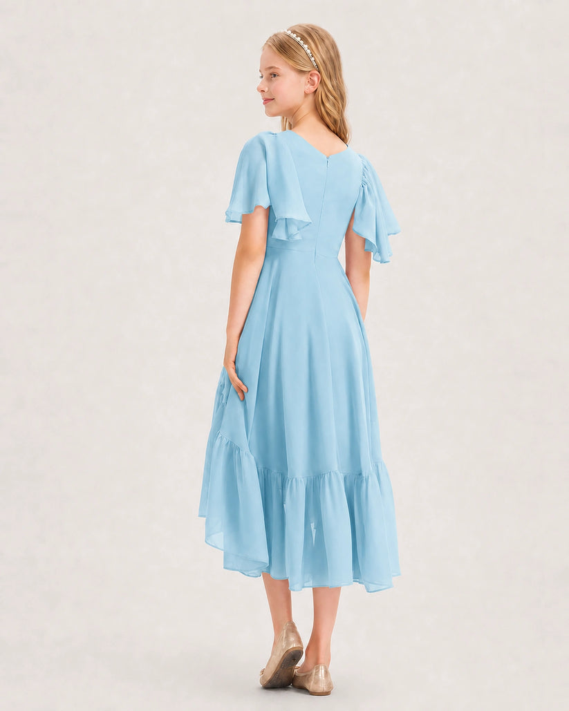 Sky Blue Chiffon A-line Junior Bridesmaid Dress Back View