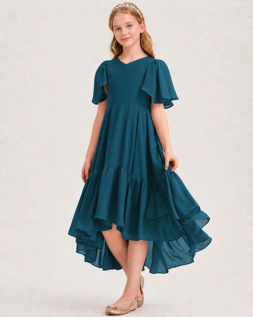 Teal Chiffon A-line Junior Bridesmaid Dress Front View