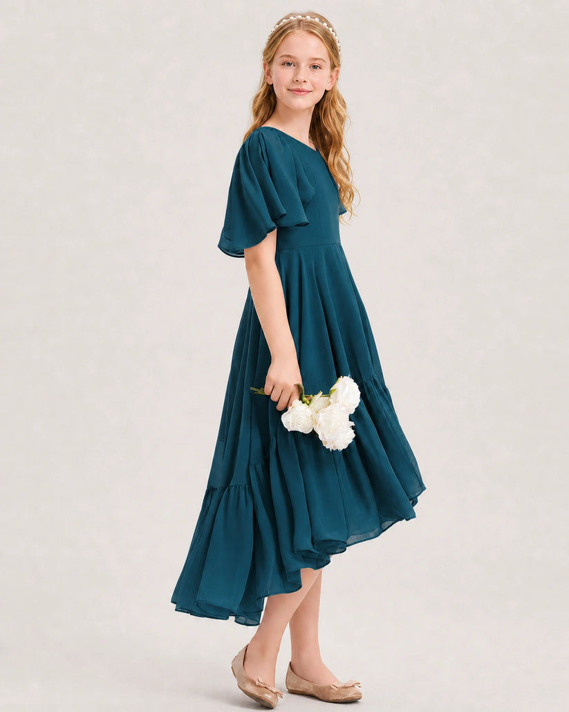 Teal Chiffon A-line Junior Bridesmaid Dress Side View