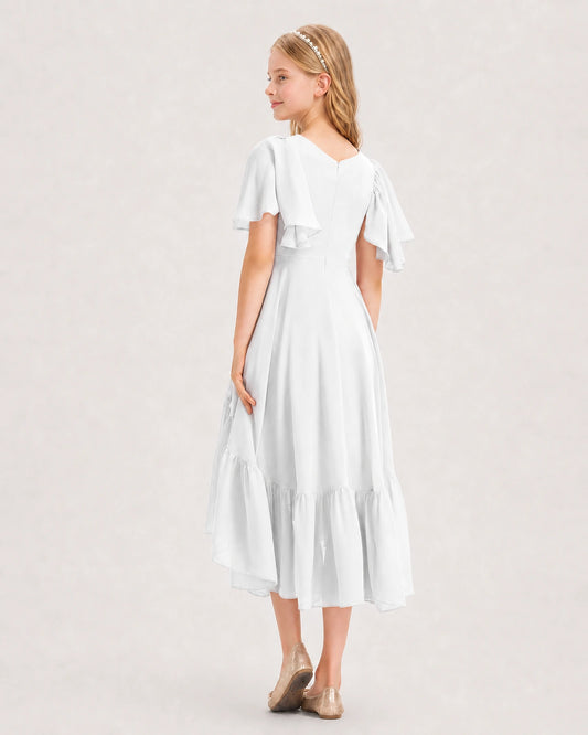 White Chiffon A-line Junior Bridesmaid Dress Back View