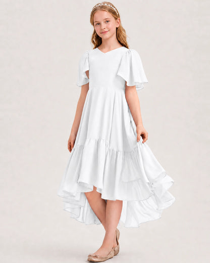 White Junior Bridesmaid Dress Flutter Sleeve Chiffon High-Low Gown Front View