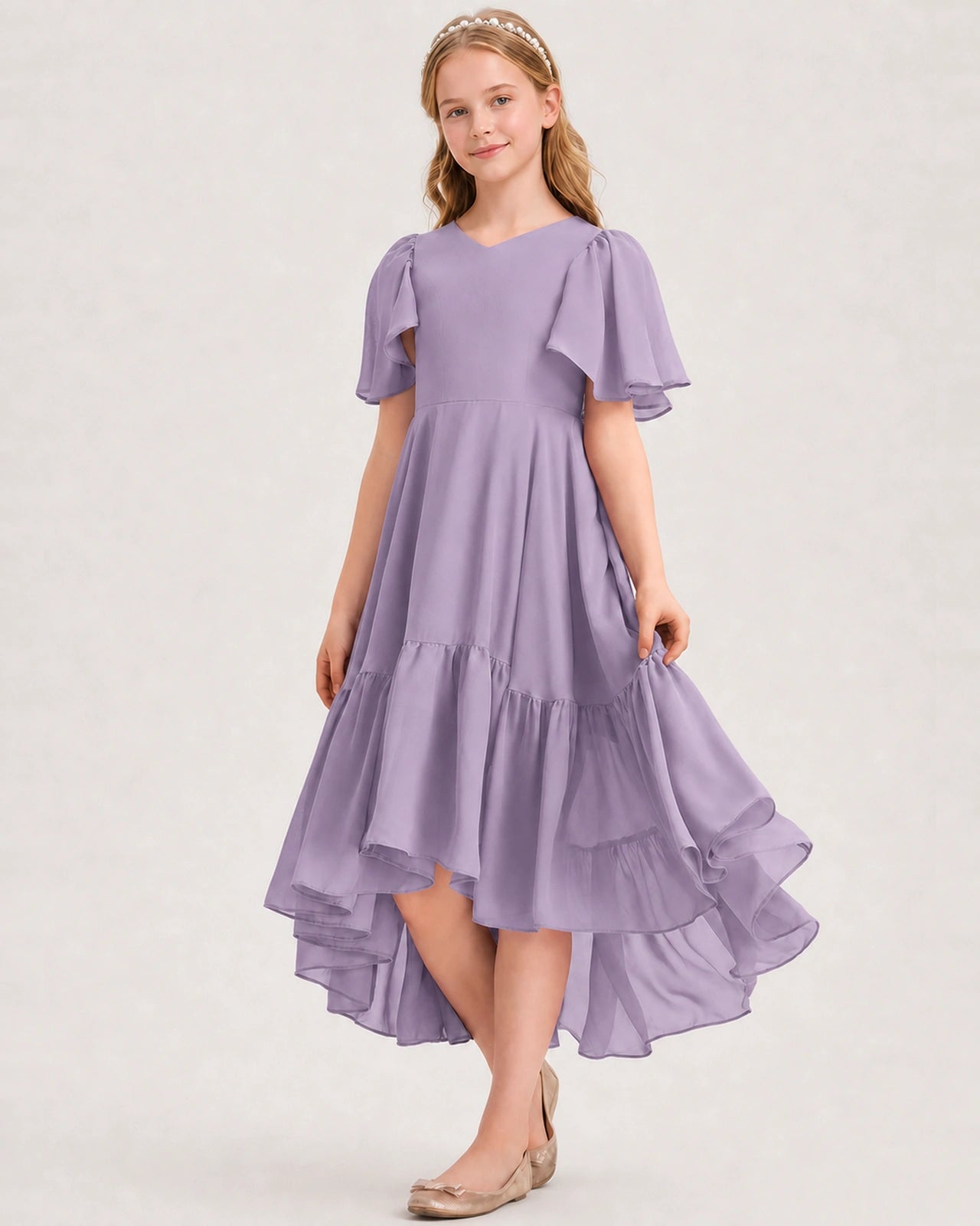 Wisteria Junior Bridesmaid Dress Flutter Sleeve Chiffon High-Low Gown Side View