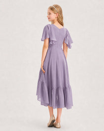Wisteria Junior Bridesmaid Dress Flutter Sleeve Chiffon High-Low Gown Back View