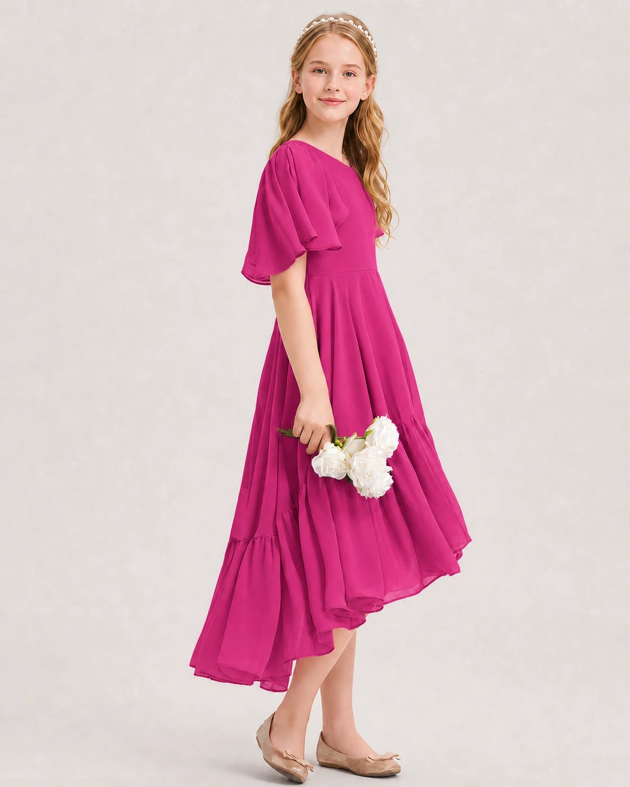 Hot Pink Junior Bridesmaid Dress Flutter Sleeve Chiffon High-Low Gown Side View