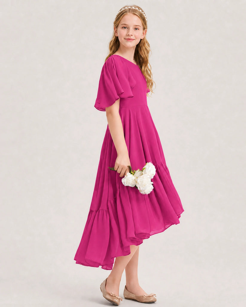 Hot Pink Chiffon A-line Junior Bridesmaid Dress Side View