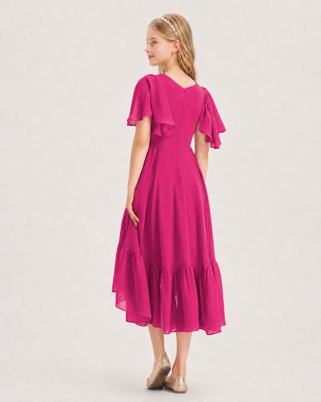 Hot Pink Junior Bridesmaid Dress Flutter Sleeve Chiffon High-Low Gown Back View