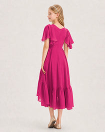 Hot Pink Junior Bridesmaid Dress Flutter Sleeve Chiffon High-Low Gown Back View