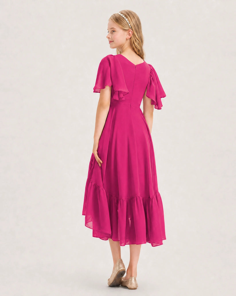 Hot Pink Chiffon A-line Junior Bridesmaid Dress Back View