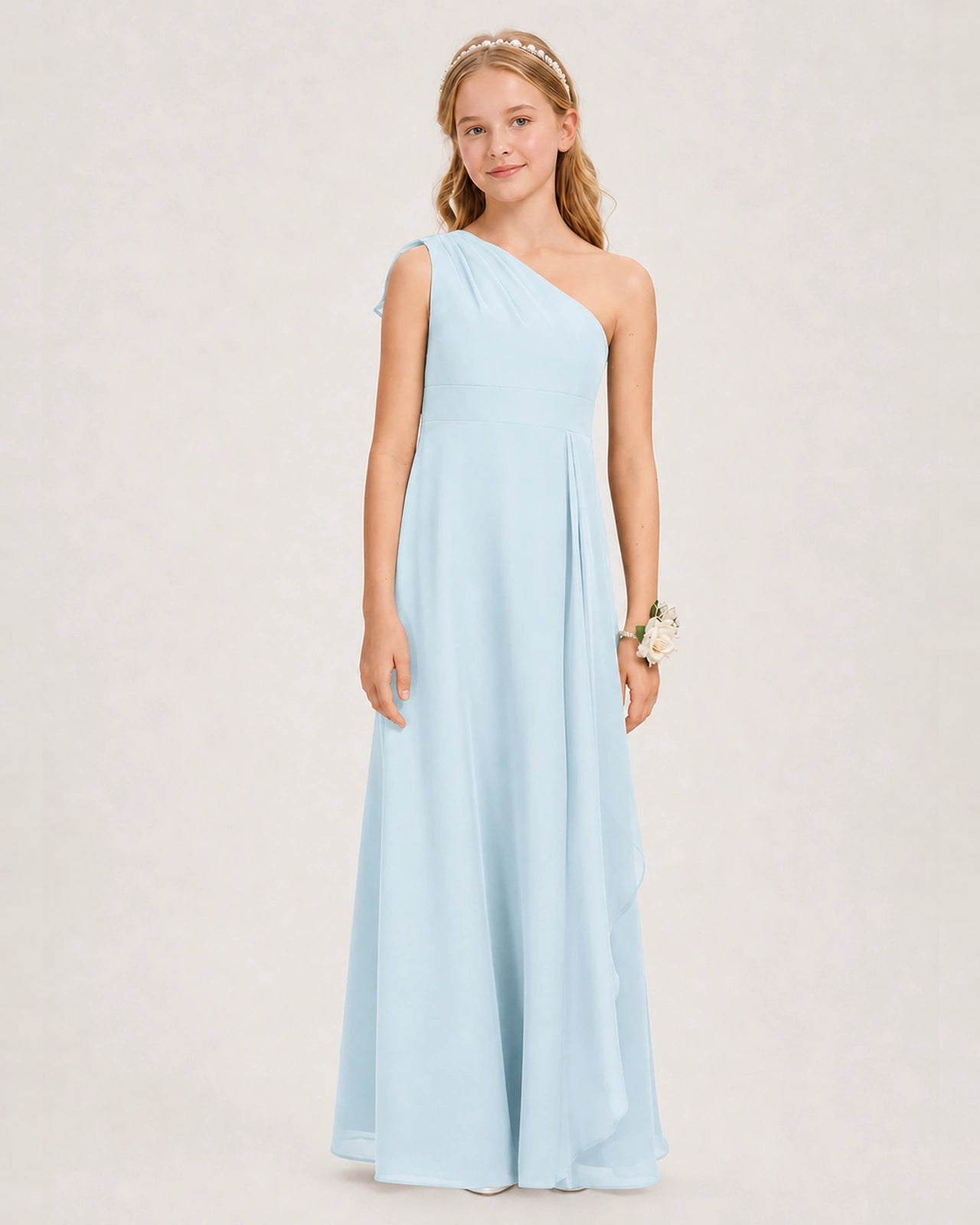 Baby Blue Junior Bridesmaid Dress One-Shoulder Chiffon A-Line Gown Front View